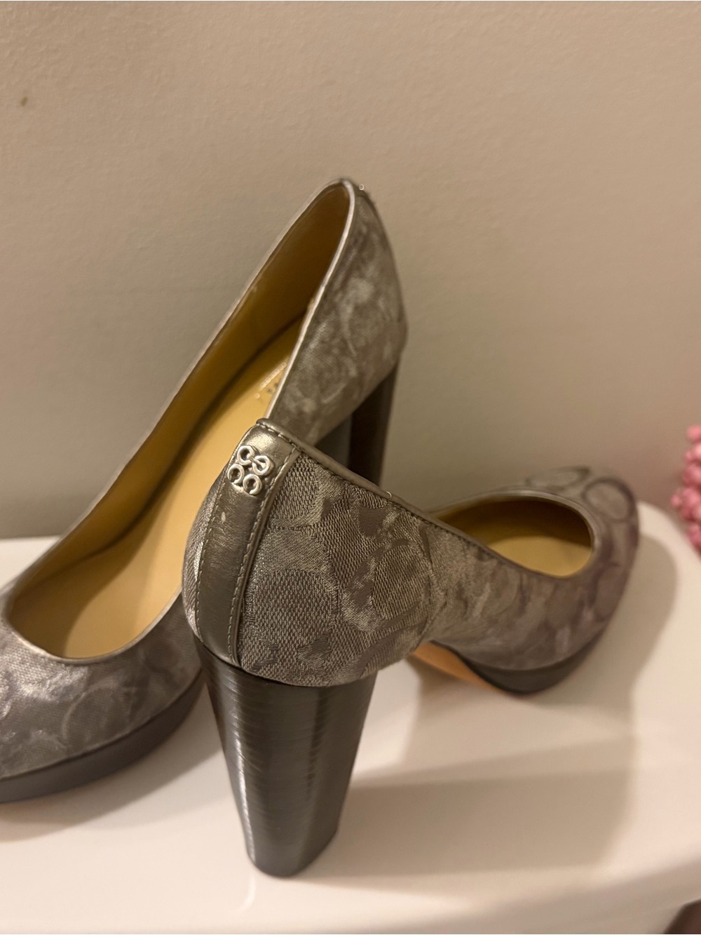 Coach Gray Signature Block Heel Pumps